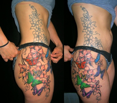 butterflies and flowers sexy hip tattoo