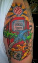 new school sacred gas pump tattoo